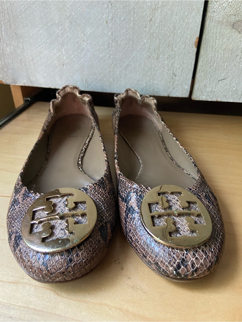 2 Tory Burch Snake-Print Reva Ballet Flats in Brown and with Gold Logo
